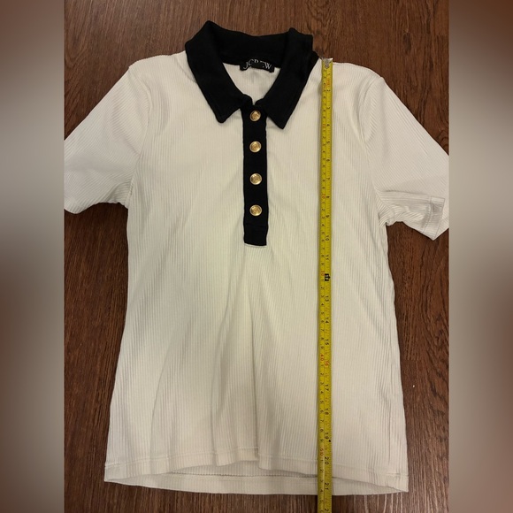 J. Crew White & Black Vintage Rib Polo T-Shirt with Gold Buttons - Size M - Picture 7 of 8